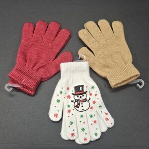 Youth Gloves One Size Bundle Of 3, Red White And Sparkling Tan Christmas Themed